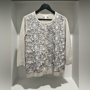 Christopher & Banks Gray White Black Floral 3/4 Sleeve Button Cardigan Sweater M